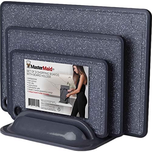 MasterMaid Kitchen Cutting Boards with Unique Organizer Holder, Now Modern Marble Appearance, Antibacterial, Non-Porous Chopping Surface, Anti Slip, Dishwasher Safe, BPA Free, Juice Groove, Set of 3