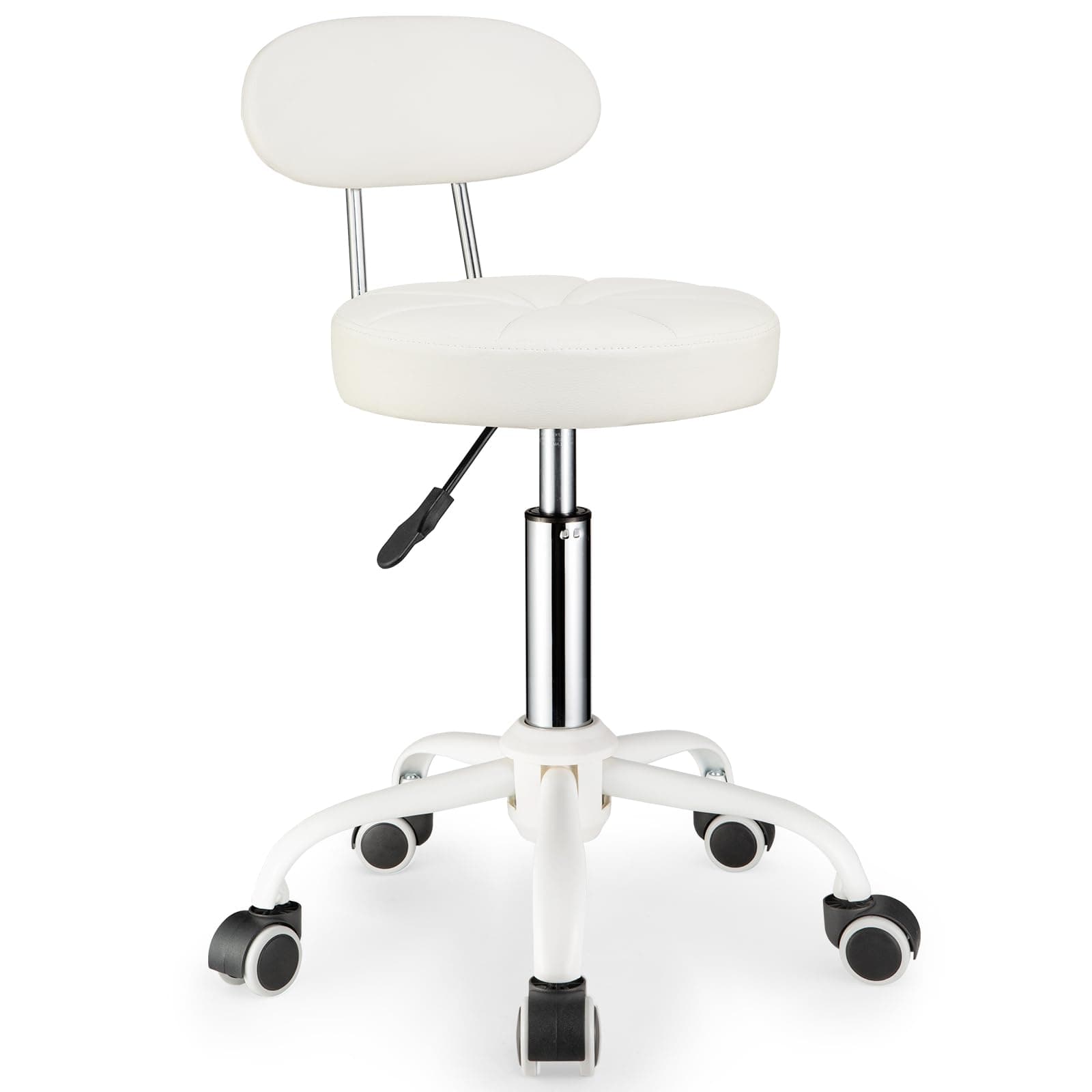 PU Leather Rolling Stool with Back Support Height Adjustable Swivel Stool Chair with Wheels Drafting Chair for Spa Slaon Massage White