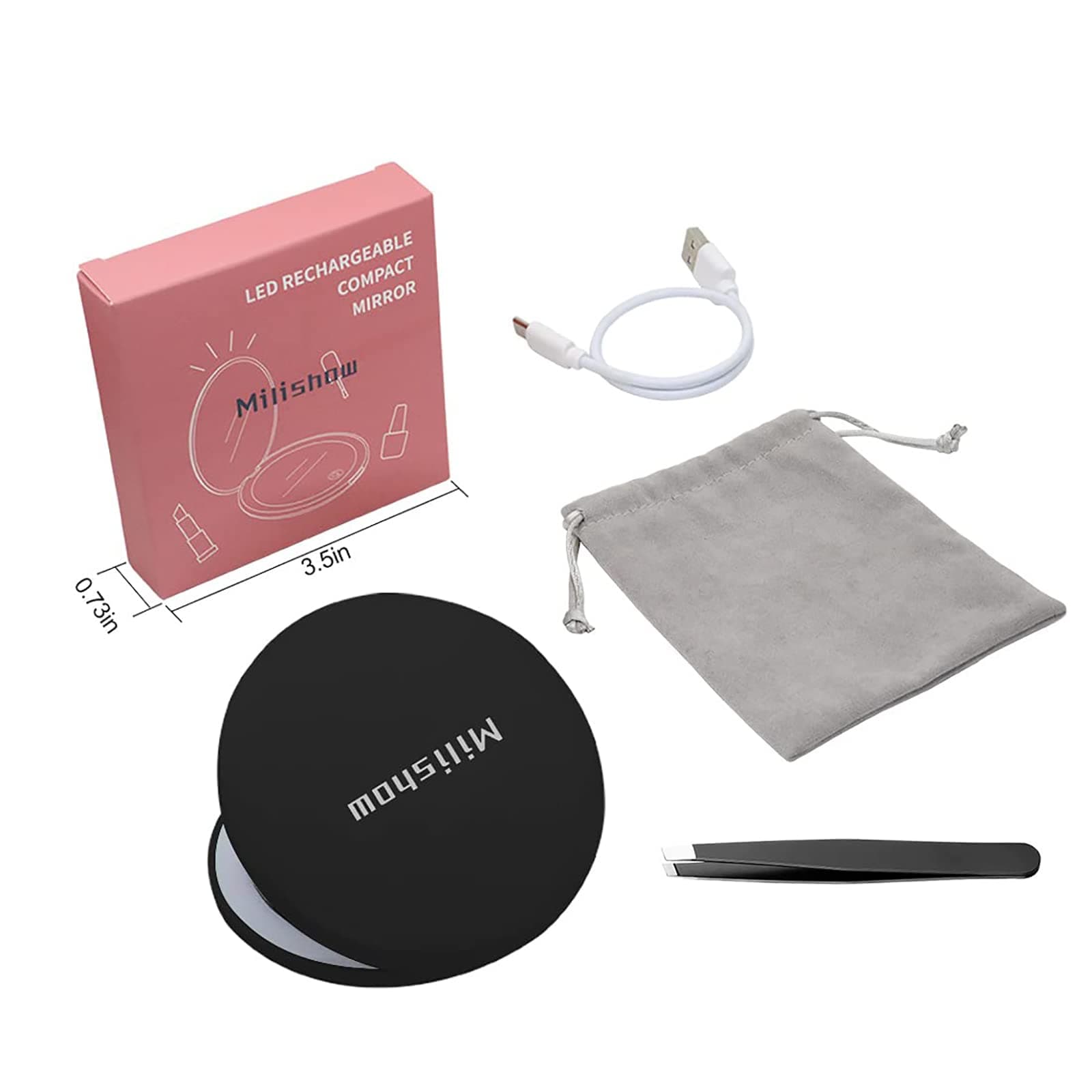 Milishow Compact Mirror with LED Light,1x/10x Magnifying Rechargeable Mirror,3.5in, Dimmable Travel Mirror for Purse,Pocket,Handheld 2-Sided Makeup Mirror