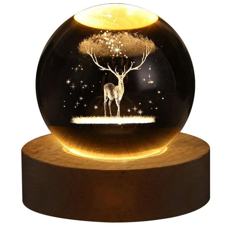 Aryamurti 3D Deer Crystal Ball Night Light, LED Solar System Crystal Ball Night Light with Wooden Base,Deer Crystal Ball Lamp for Children,Friends Birthday Gifts,Home and Room Decor (Pack of 1)