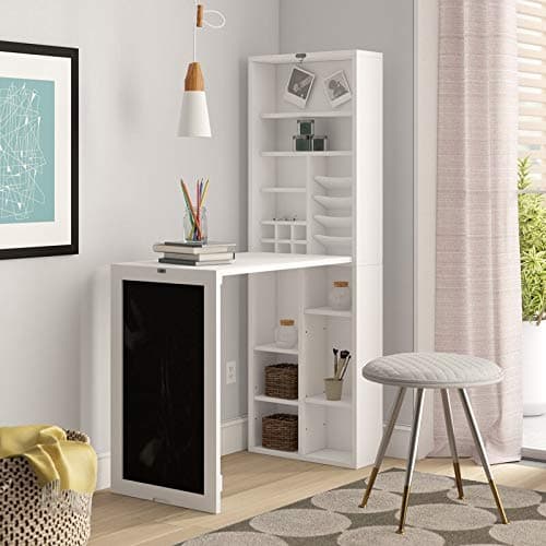 Collapsible Fold Down Desk Table | Chalkboard Wall with Storage Cabinet & Bottom Shelves, Multipurpose Foldable Desk for Home, Office, Crafting, and More (White)