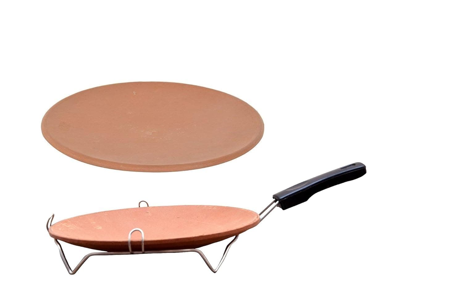 Handmade Earthenware Clay Tawa for Roti with Handle (Standard Size, Brown) (Tawa Stand)