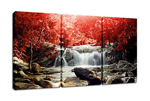 MooYes Canvas Wall Art Waterfall Red Forest Modern Home Artwork Prints 12x19inchx3 Pieces