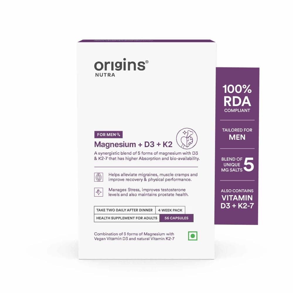 5-in-1 Magnesium + D3 + K2 for Men | 100% RDA of Magnesium, D3 & K2 | 56 Veg. Capsules | Supports Muscle Health, Energy & Stress Management | GMP Certified | Pack of 1