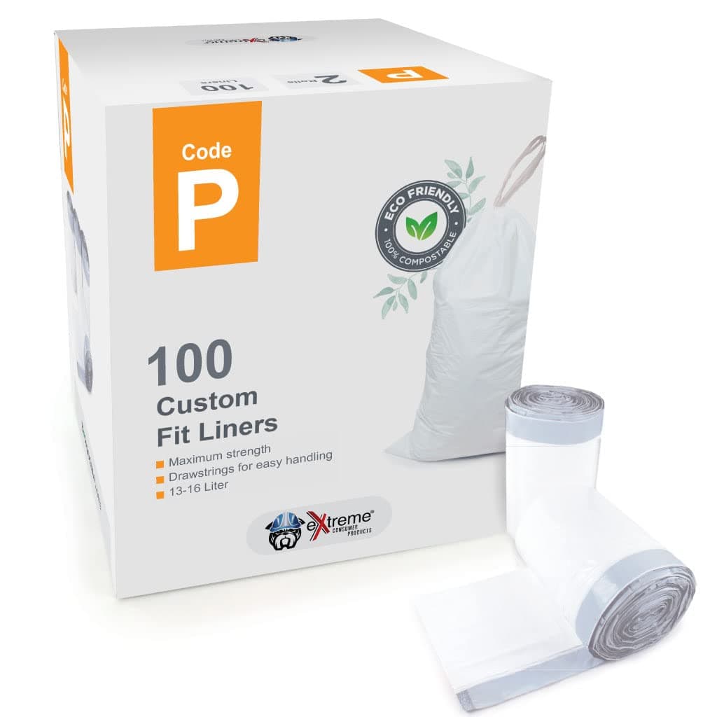 - Compatible With Simplehuman Code P - Durable Custom Fit Plastic White Trash Bags w/Drawstring, 50-60 Liter/ 13-16 Gallon Trash Cans - 2 Refill Rolls (100 Count) -Heavy Duty Kitchen Garbage Bags