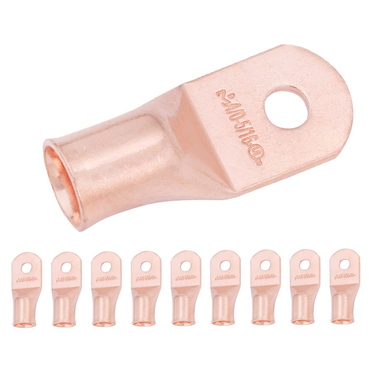 SELTERM 10pcs 4/0 AWG - 5/16" Stud Wire Lugs, Heavy Duty Battery Cable Lugs, Ring Terminals, Cable Ends, 0000 Gauge Terminals, UL Bare Copper Eyelets Electrical Terminal Connectors