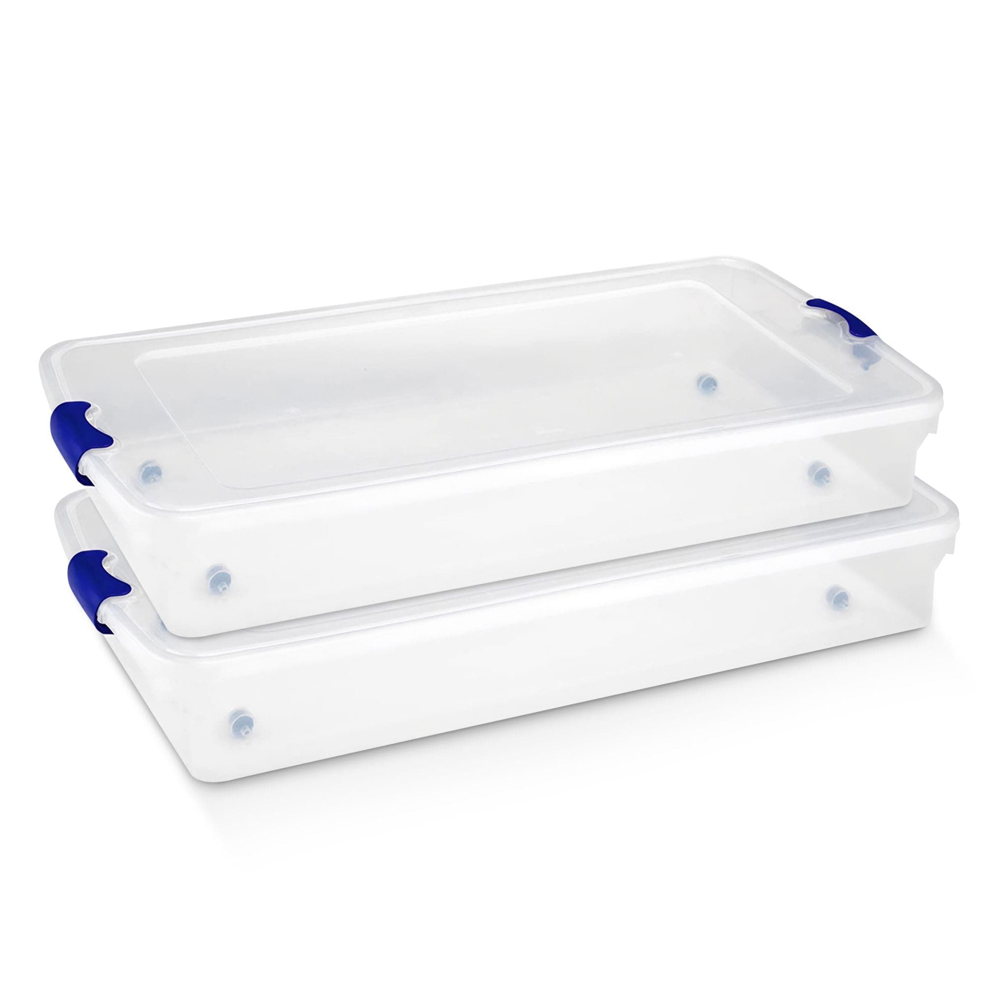 2-Pack Under Bed Storage, Clear Plastic Containers with Lids, 60 Quart, Blue Latch - Stackable Underbed Organizer Bins for Shoes, Bags, Clothes, and Towels