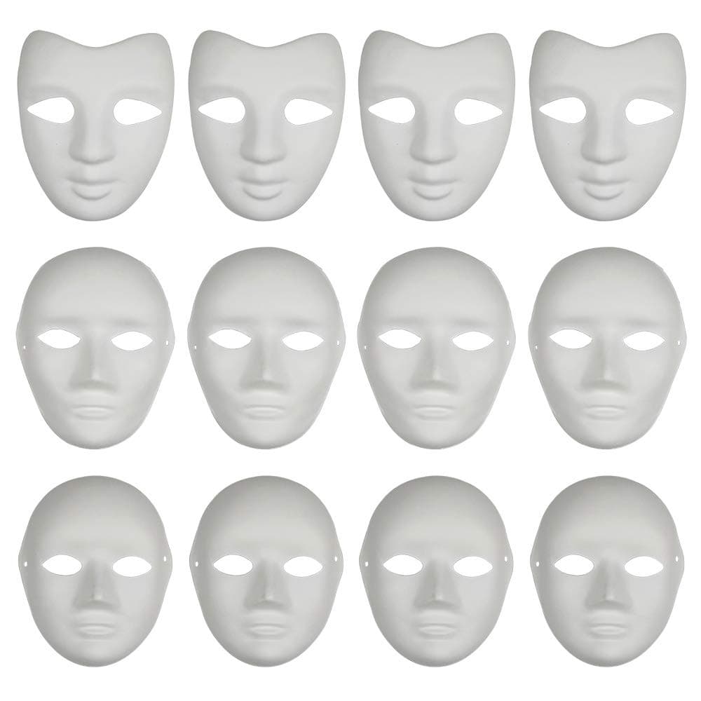 CSPRING 12PCS Paper Face DIY Mask Paintable White Plain Mask Costume for Mardi Gras Cosplay Masquerade Dance Party