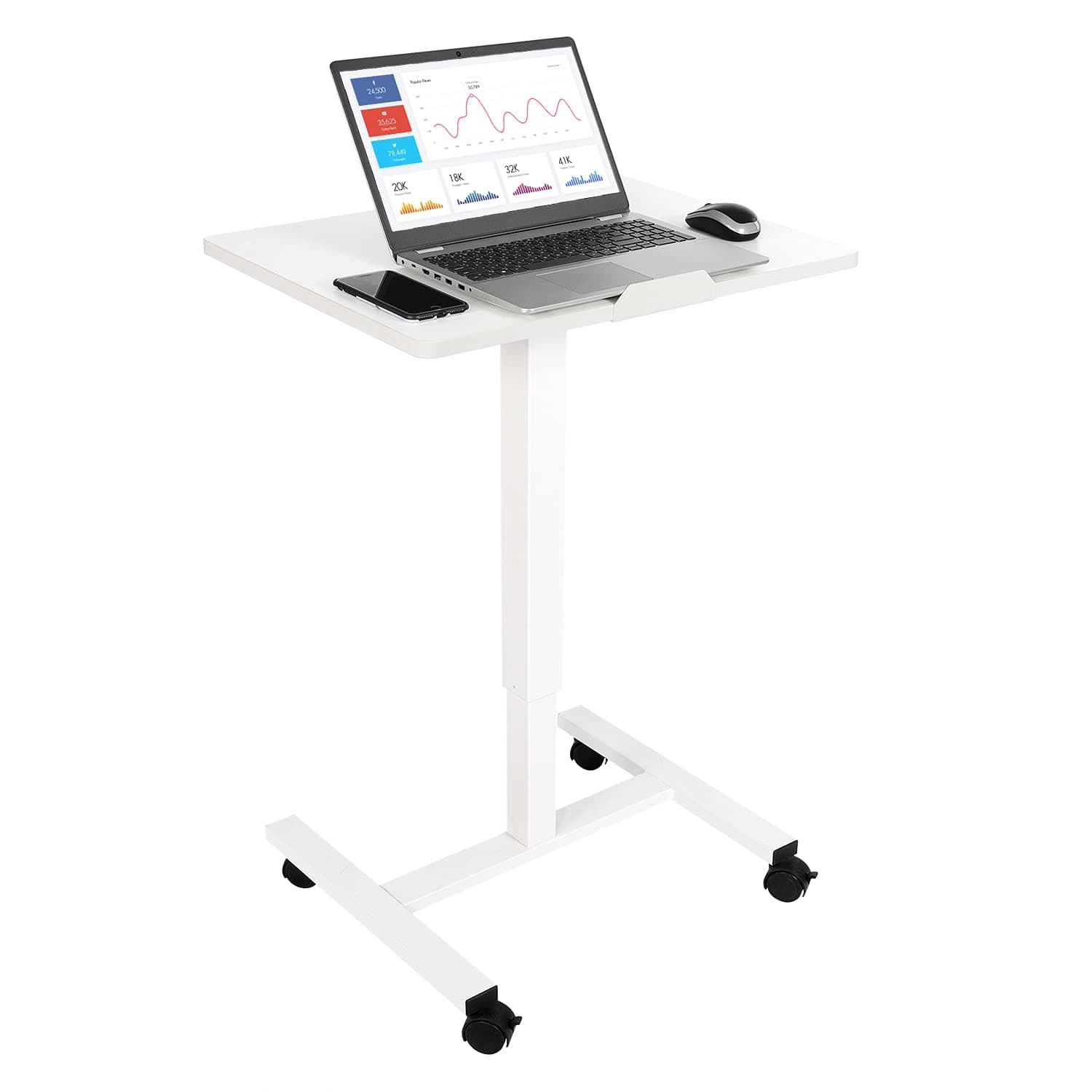 Height Adjustable Standing Desk with Tilting Desk Top,Mobile Standing Desk Sit Stand Desk with Wheels,Mobile Laptop Desk Computer Standing Desk Cart, Portable Sit Stand Rolling Table (White)