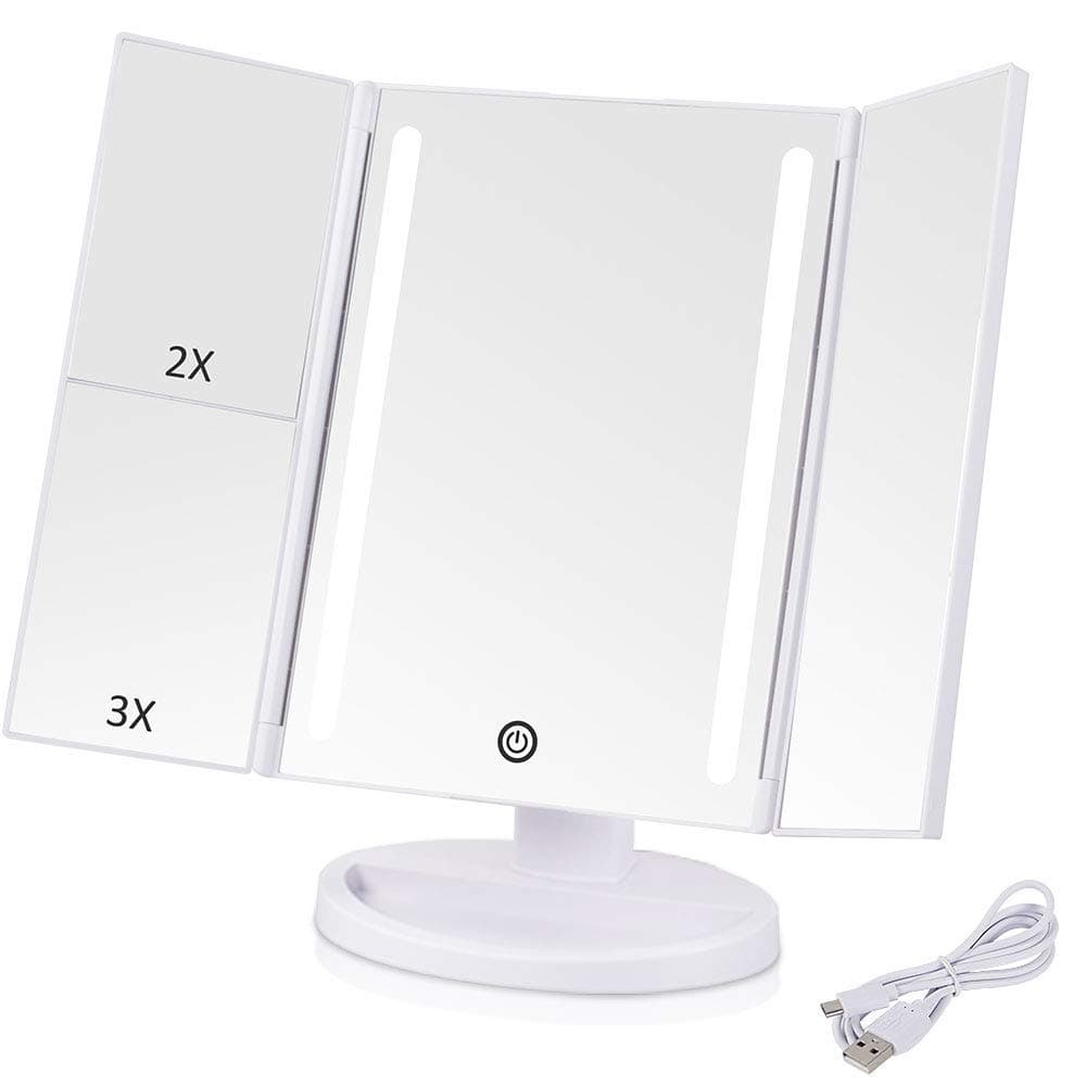 VIBELITE Vanity Makeup Mirror Trifold 24 Led Lighted with Touch Screen, 1x/2x/3x Magnification and USB Charging, 180° Adjustable Stand for Countertop Cosmetic Makeup