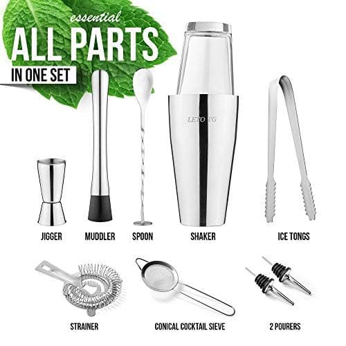 Premium 11 Piece Cocktail Making Set Bartender Kit with Boston Cocktail Shaker, 25ml & 50ml Bar Measures, Ice Tongs, Recipe Guide, Pourers, Muddler, Twisted Bar Spoon, Cocktail Strainer, Fine Strainer