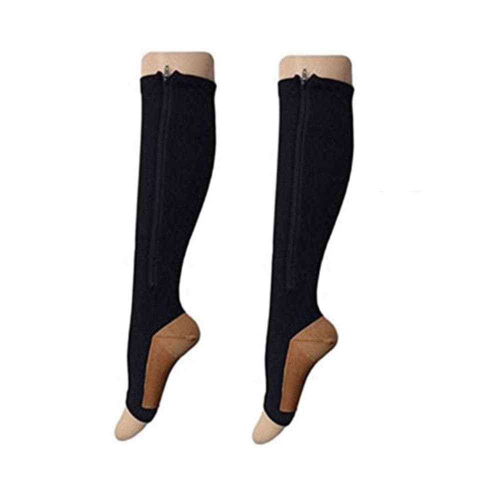 2 Pairs Open Toe Knee Length Copper Infused Zipper Compression Socks By Gofriendly 15-20 mmHg Support 3 Size (L/XL, 2 Black)