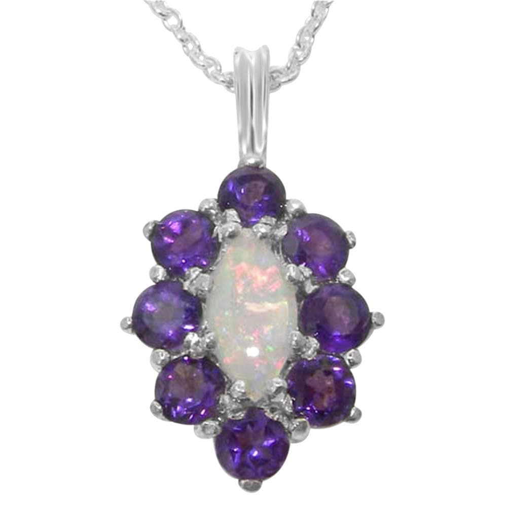 Ladies Solid 925 Sterling Silver Natural Opal & Amethyst Cluster Pendant Necklace