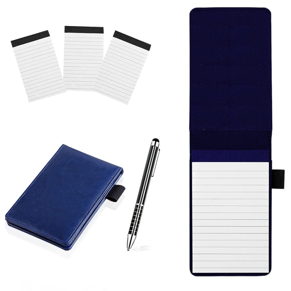 WACH AUF 5 Pcs Mini Pocket Notepad Set, PU Leather Small Notebook Pen Holder with 50 Lined Sheets, Pocket Notebook with Pen, Mini Notebook with 3 Pcs 30 Pages Notepad Memo Book Refills (Blue)