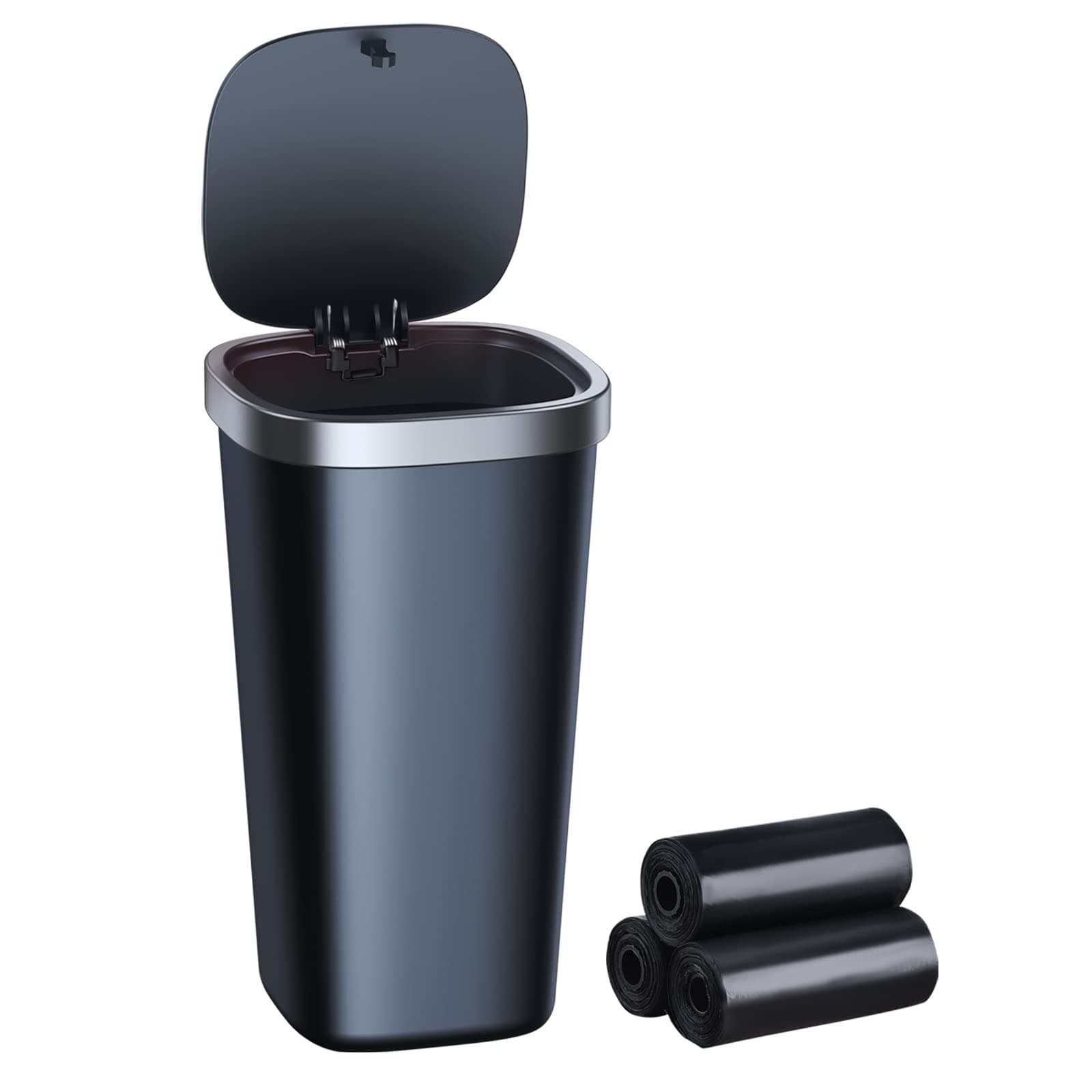 Mini Car Trash Can with Lid, Cup Holder Trash Can for Car with 3 Rolls Mini Trash Bags, Waterproof Small Car Garbage Can for Car Home Office Desk Bedroom -Square Black