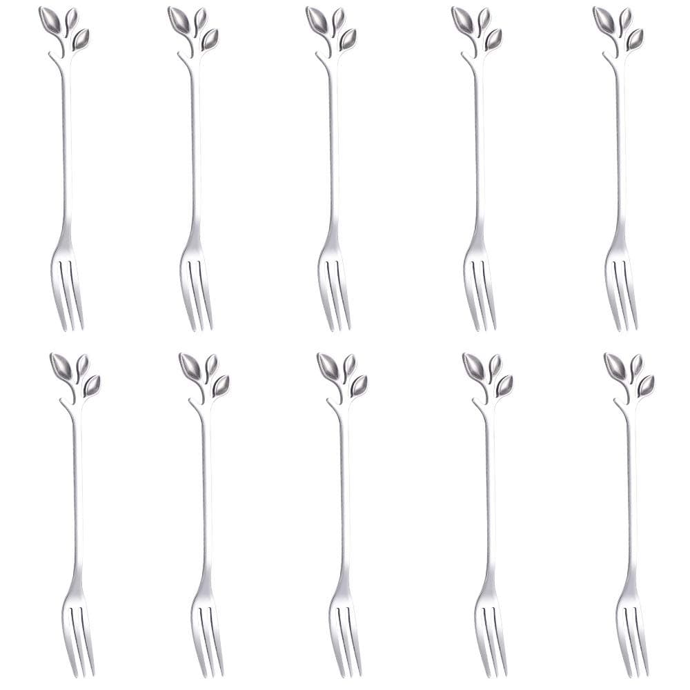 AnSaw 10 Pcs Stainless Steel Silver Leaf Creative Appetizer Cake Fruit Forks Set 4.7 Inches Tasting Dessert Forks Kitchen Accessory Wedding Party (Silver-10Forks)