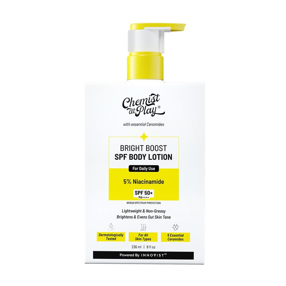 Chemist At Play Bright Boost SPF Body Lotion | With 5% Niacinamide & SPF 50+ PA++++ | 24 hours moisturization | Lightweight & Non-Greasy Formula | 236ml