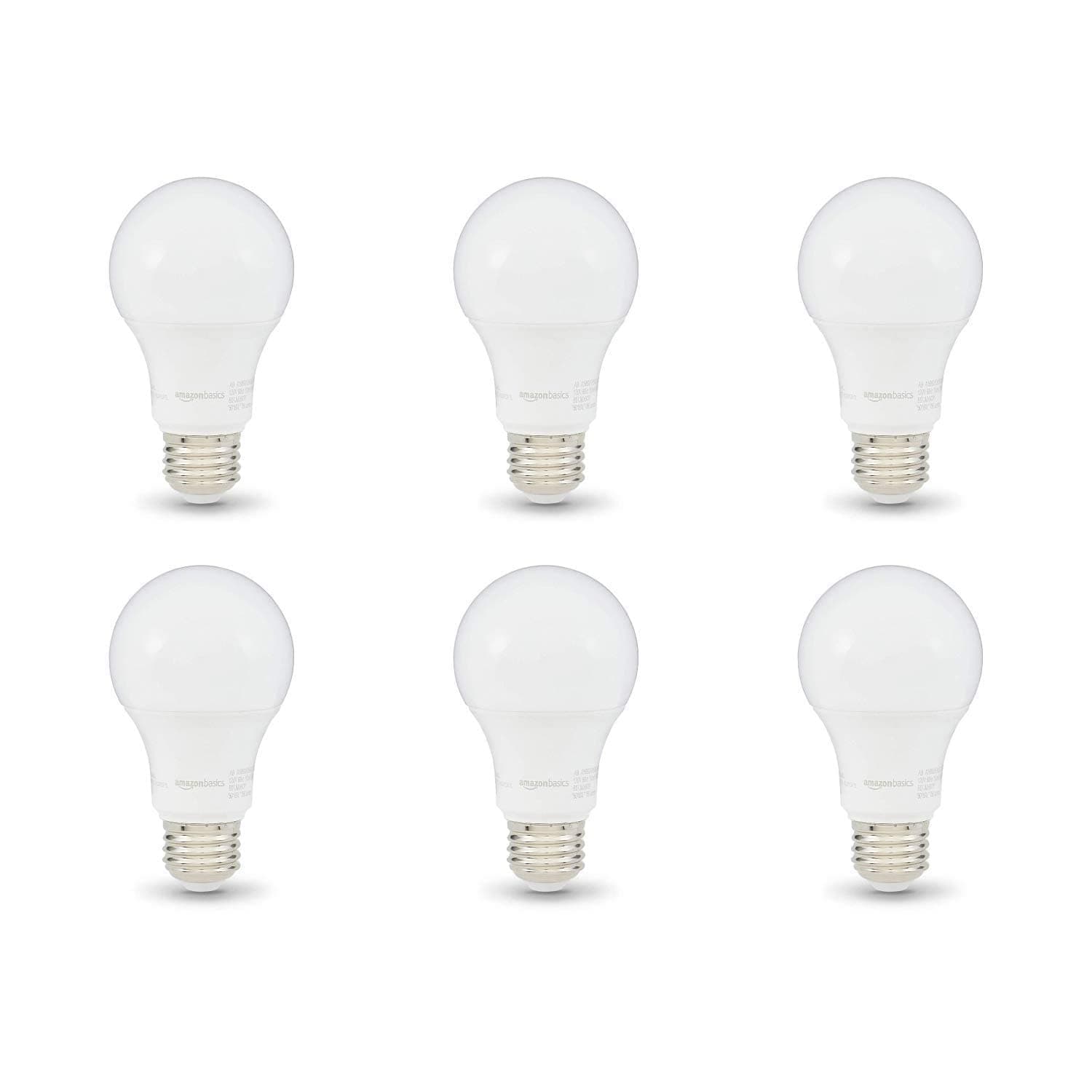Amazon Basics A19 LED Light Bulbs, 60W Equivalent, 9W Energy Efficient, E26 Standard Base, Daylight White 5000K, Dimmable, 10,000 Hour Lifetime, 6-Pack
