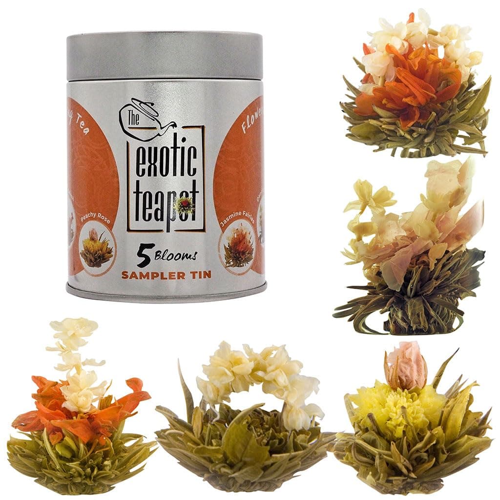 The Exotic Teapot – Flowering Tea Sampler Tin, 5 Assorted Flower Blooms, Jasmine, Fruity Flavours