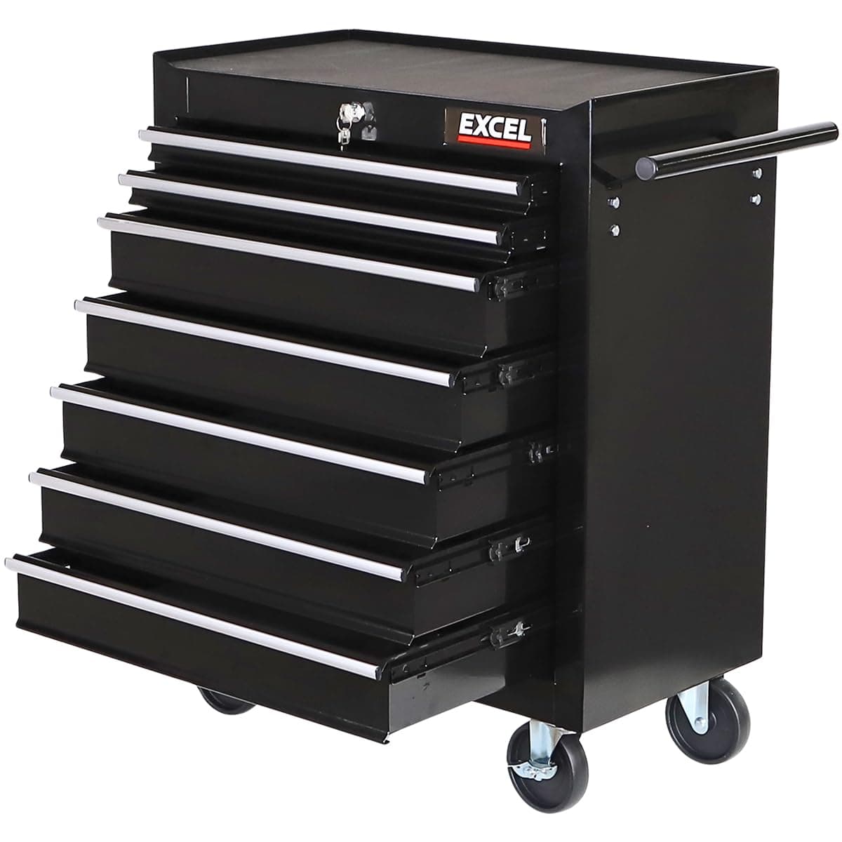 Excel Tool Chest with 7 Drawers, Lock and Non-Slip Mats, Made with Powder Coated Steel & Rust-resistant, Ball Bearing Slides and 4 Wheels with Brakes. Durable Rolling Storage for Workshops.