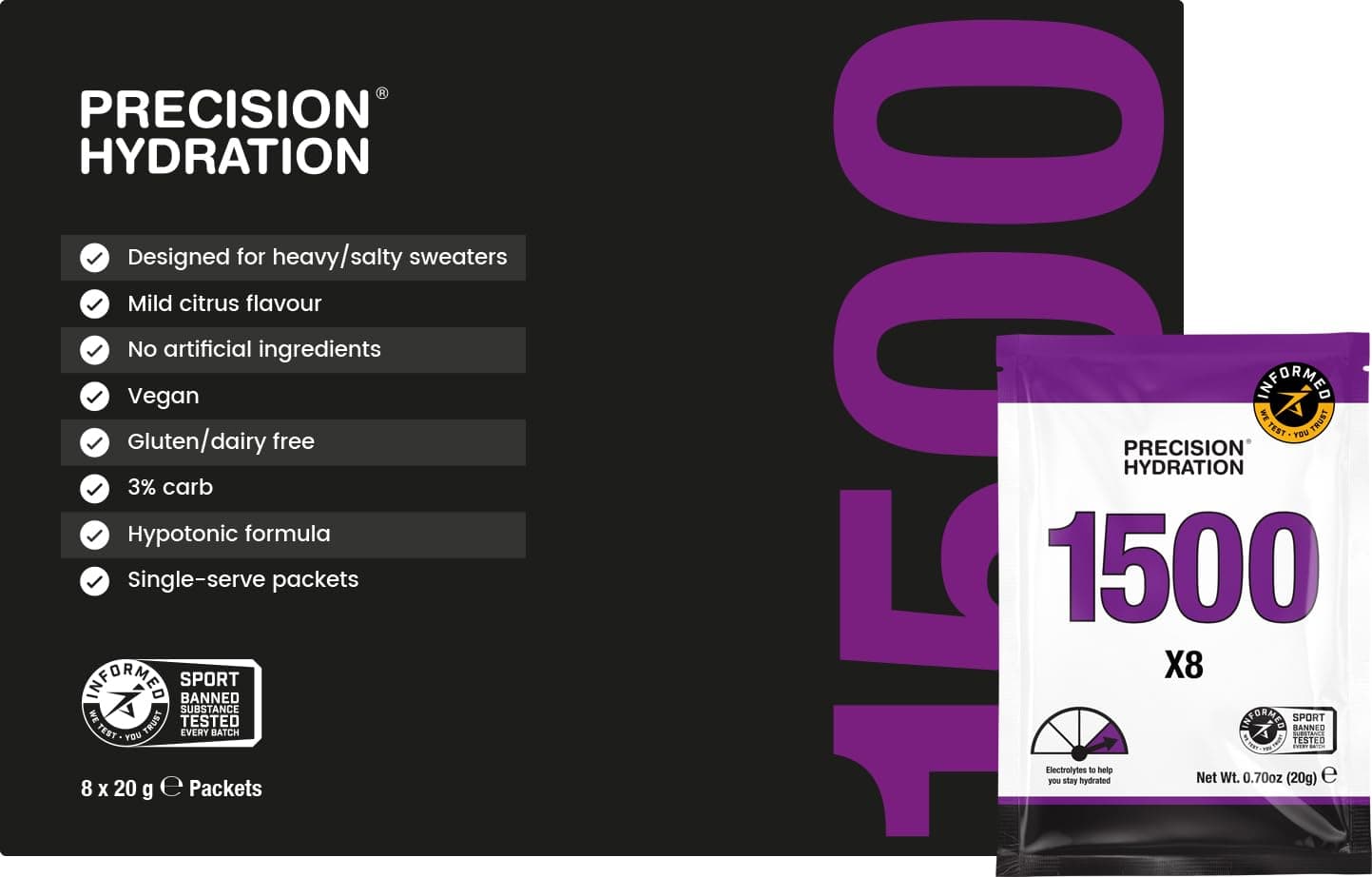 Precision Hydration Electrolyte Powder Packets - No Artificial Ingredients, Multi Strength Hydration Packets - Individual Waterproof Servings - Gluten/Dairy Free (1500mg/l - Purple, Pack of 8)