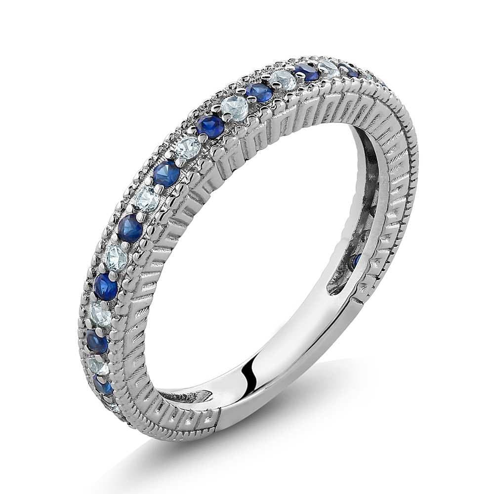 Gem Stone King 925 Sterling Silver Blue and White Created Sapphire Ladies Anniversary Wedding Band Ring For Women (0.48 Cttw, Available In Size 5, 6, 7, 8, 9)