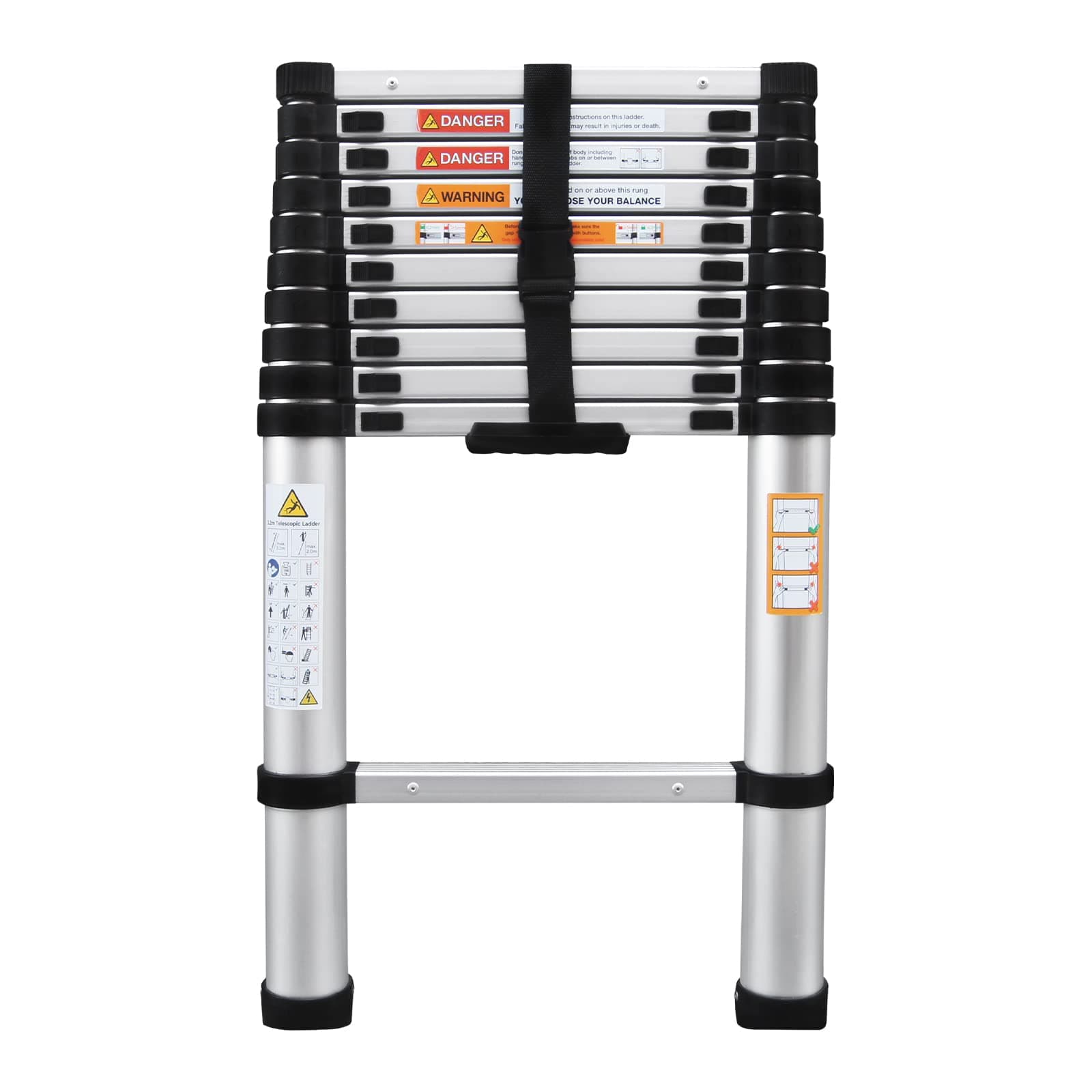 Aluminium Telescoping Ladder, 3.2M Heavy Duty Multi-Purpose, Non-Slip, Max Load 150kg/330lb, Portable Extension Loft Ladder