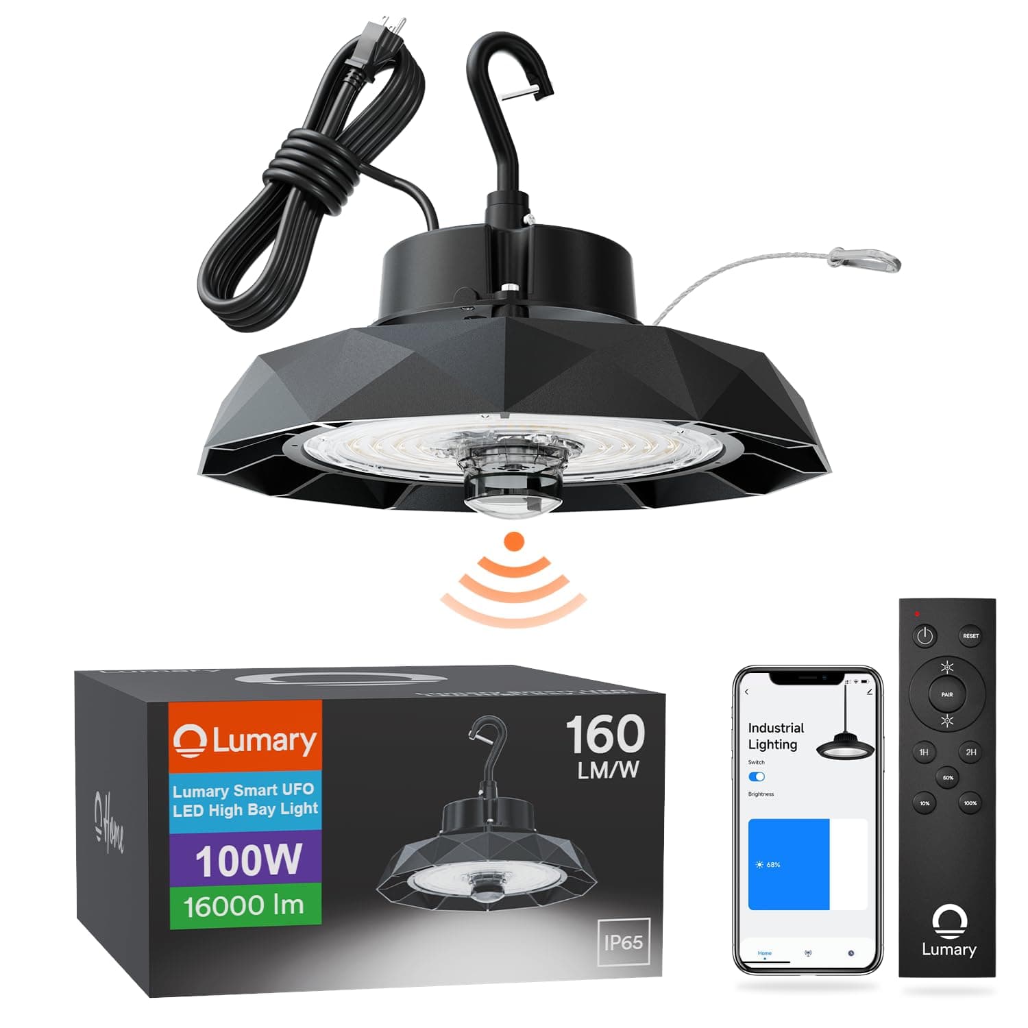 Lumary Smart UFO LED High Bay Light Motion Sensor 100W, Work with Alexa via Hub, Bluetooth Hanging Ceiling Shop Lights for Garage w/Remote, 16,000Lm Brightness Dimmable 1-100%, 5000K for Workshop