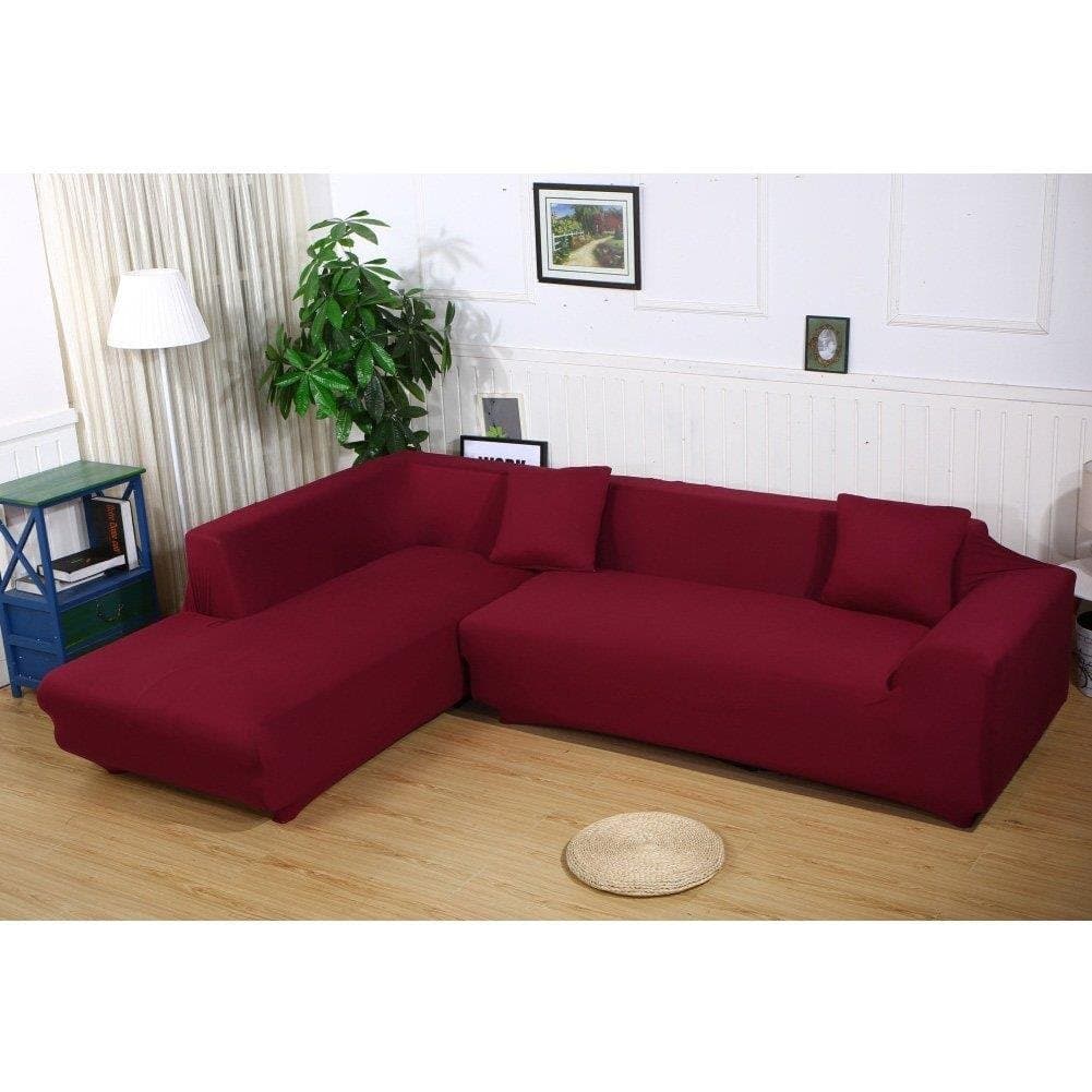 GETMOREBEAUTY L Shape Sofa Covers Sectional Sofa Cover 2 pcs Stretch Sofa Slipcovers for L-shape Couch - Wine Red