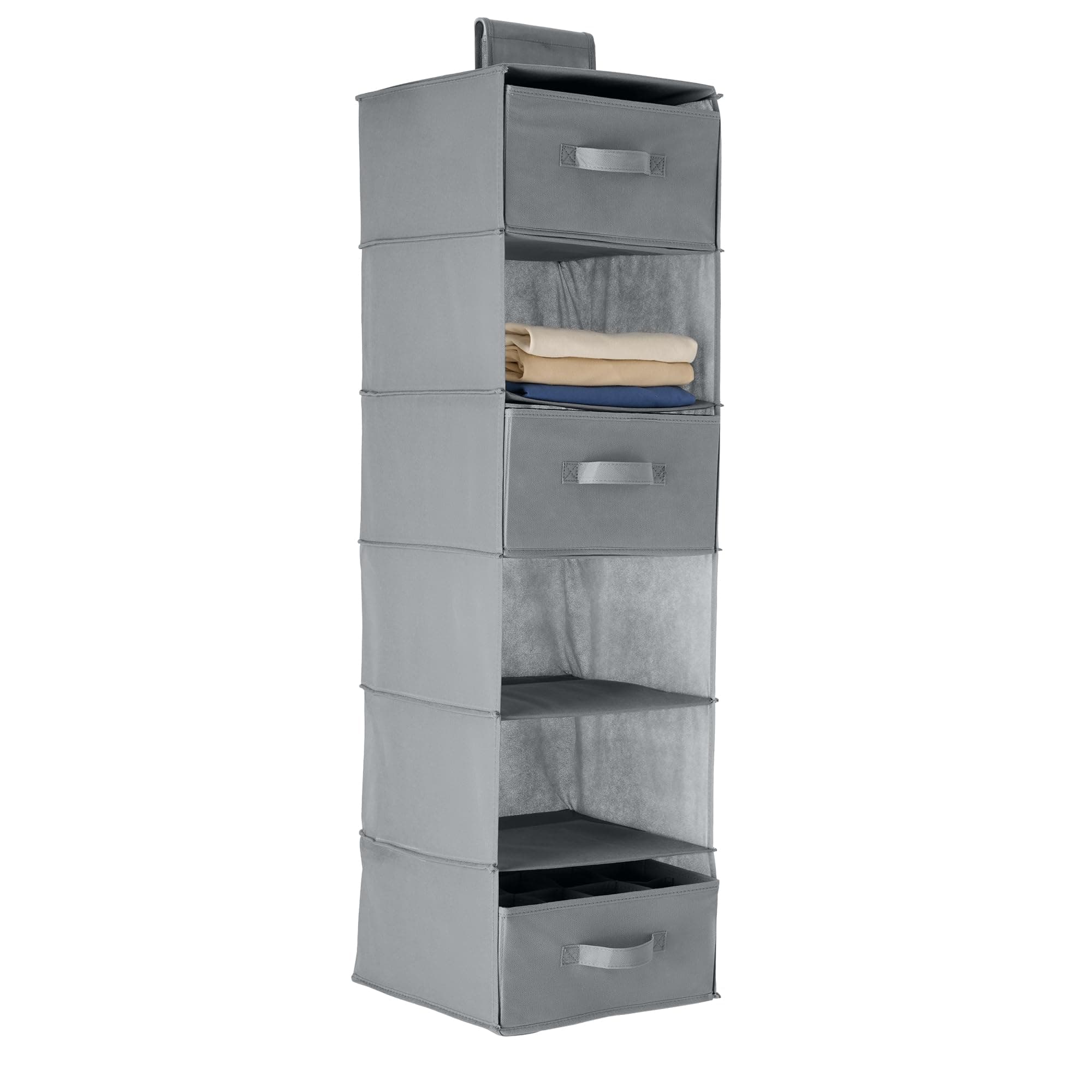 Amazon Basics 6-Tier Hanging Shelf Closet Storage Organizer with Removable Drawers, Grey, 17.53 CM D x 34.54 CM W x 30.98 CM H