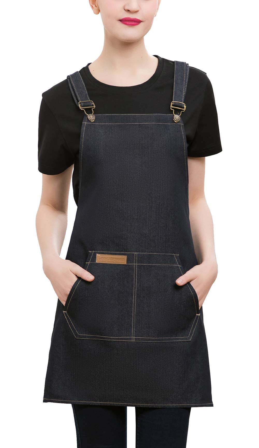 Denim Cross-Back Chef Bib Apron with Pockets for Men and Women (Black)