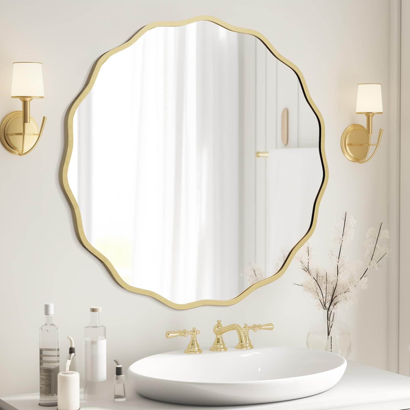 WallBeyond Round Wavy Mirror for Wall Decorative 28 inch, Modern Round Mirror Aluminum Frame Circle Wall Mirror for Bathroom Bedroom Living Room Home House Office Entryway, Gold
