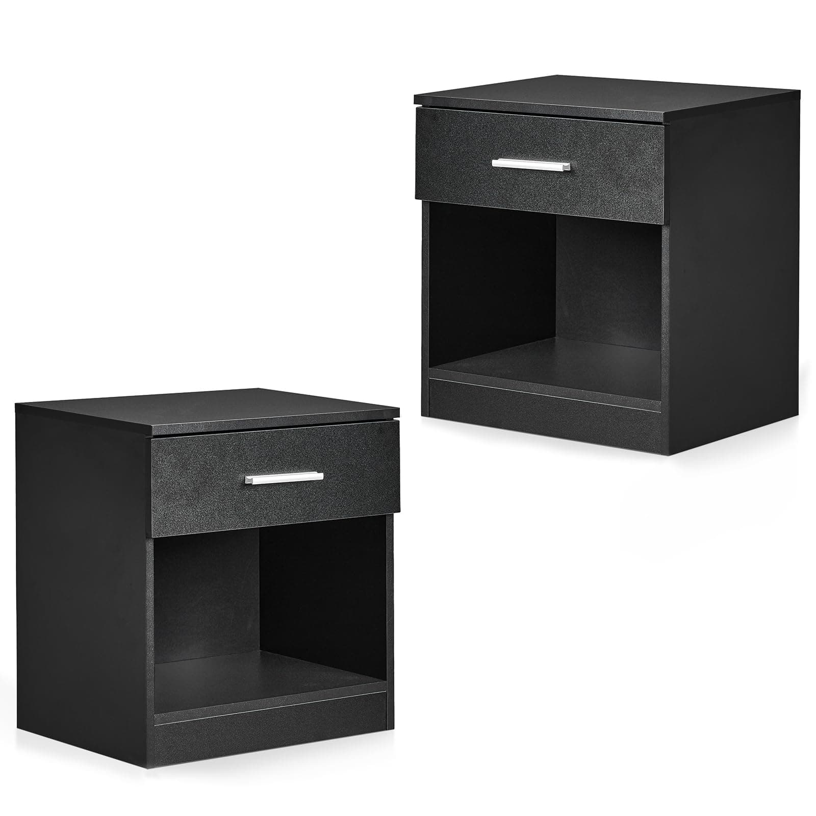 Set of 2 Modern Bedside Table with 1 Drawer & Open Shelf, Black Nightstand with Metal Handles, Wooden End Table for Bedroom, Living Room, Office (39x28x41cm)