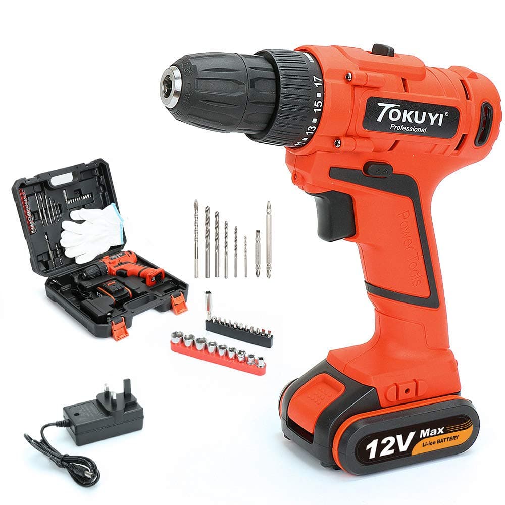 REEXBON Cordless Drill Driver 12V Lithium-Ion Combi Drill Set,17+1 Torque Settings, 11 Electric Screwdriver, 6 Drill Bits,9 Socket Kit,LED Work Light, Quick Change Battery & Charger Included