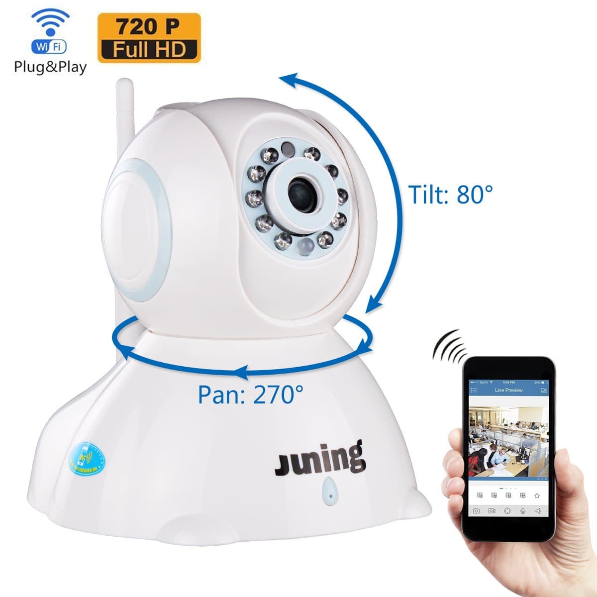 Home Wifi Wireless Security Camera System 720P HD Pan Tilt-JUNING C42 IP Camera (Day/Night Vision,baby monitor,2 Way Audio,SD Card Slot, Alarm)