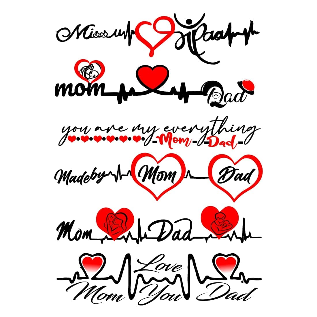 Mom Dad Hartbeat 6 differnt design red & black color combination Temporary tattoo