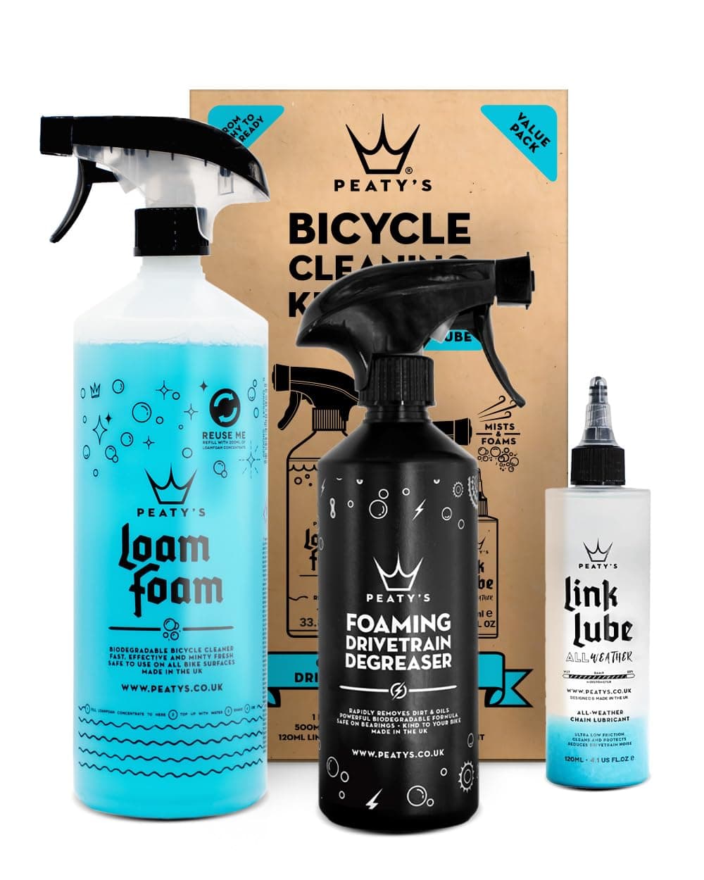 Peaty's Bicycle Cleaning Kit - Wash, Degrease & Lubricate Bike Maintenance Kit, Includes Foaming Bike Cleaner, Drivetrain Degreaser Spray & Chain Lube, Suitable for Carbon, MTB, Road and E-Bikes