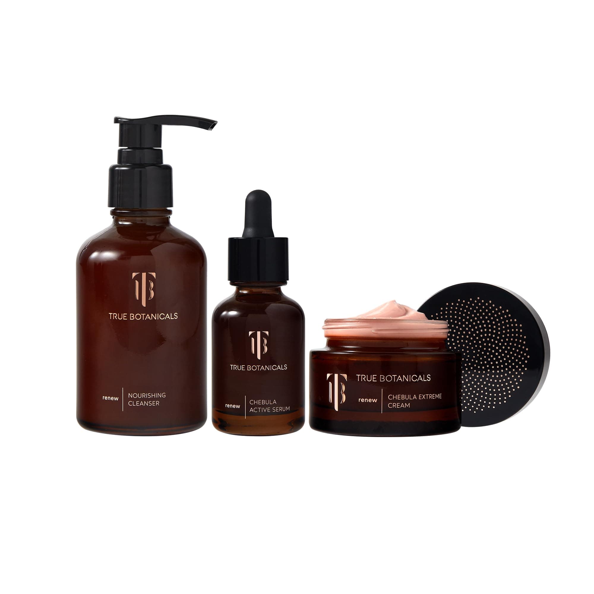 True Botanicals Deep Hydration Renewal Set | Anti-Aging | Reduce Fine Lines & Increase Hydration | Contains Renew Nourishing Cleanser, Chebula Active Serum, and Chebula Extreme Cream | Gift Set