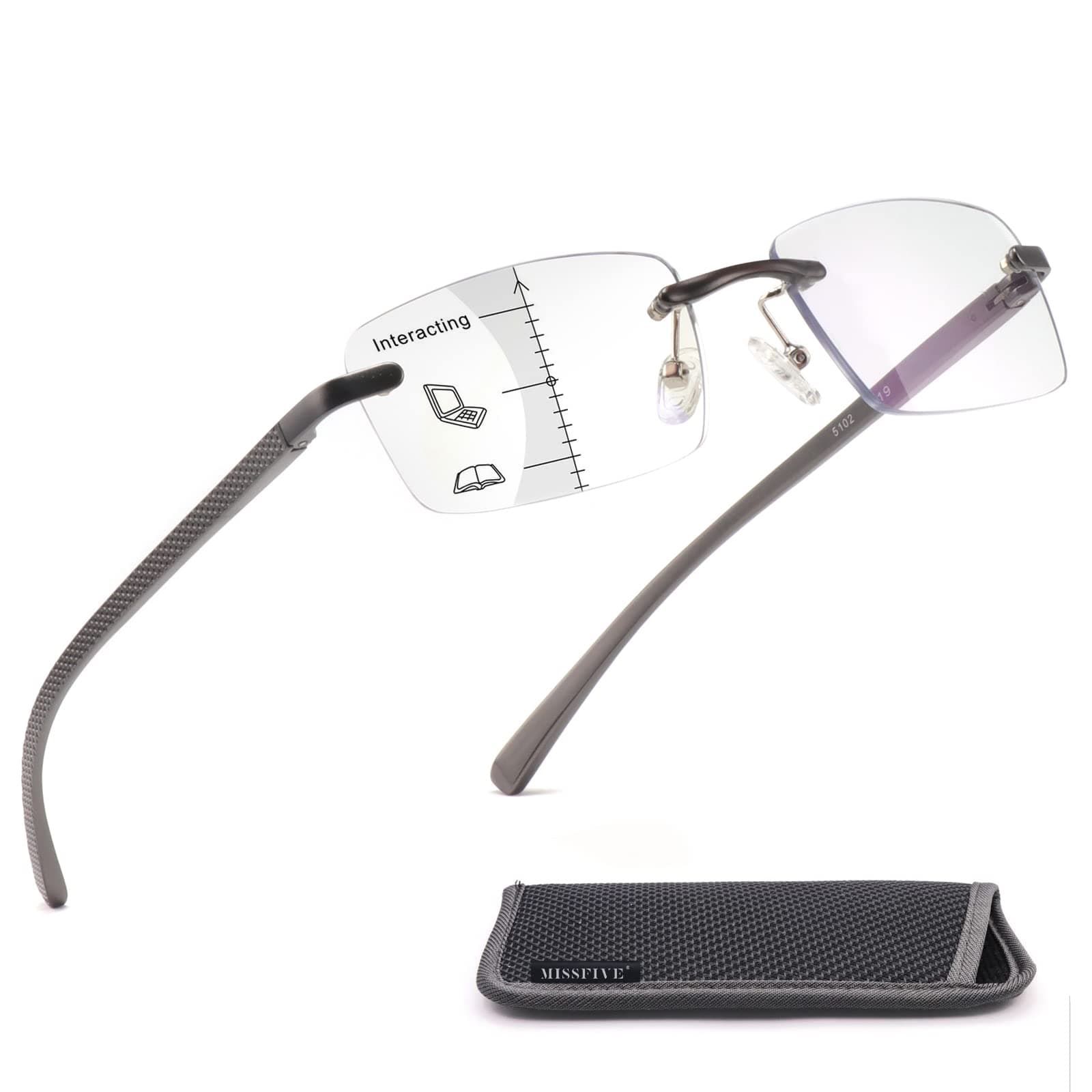 Missfive Premium Aluminum Progressive Multifocus Reading Glasses Men Blue Light Blocking, No-Line Spring Hinge Rimless Office Multifocal Metal Readers,1.25x-2.5x on A Lens for Near Range, Gunmetal