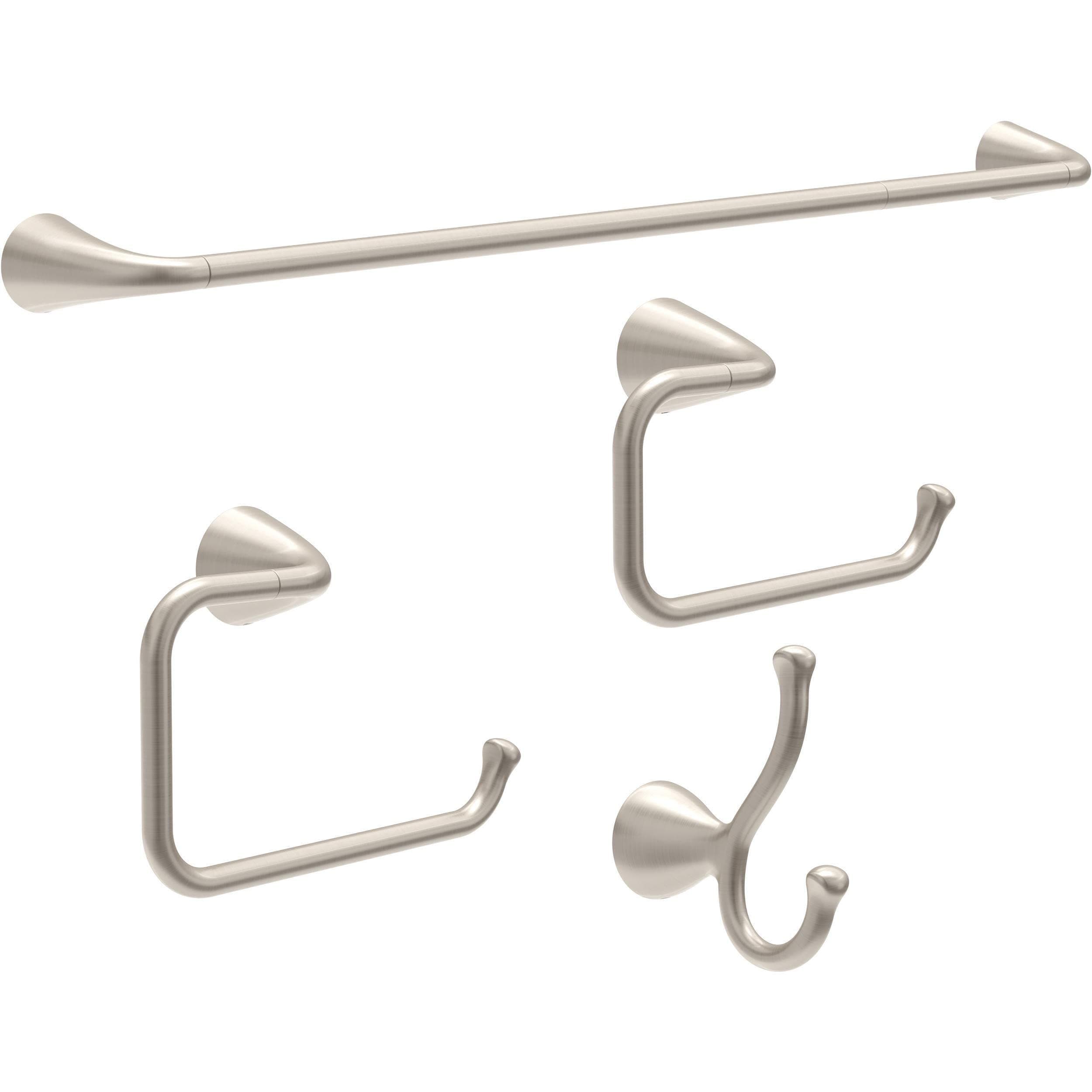 ARV64-DN Arvo 4-Piece Bath Hardware Set 18-in Towel Bar w/ 6-in Extender, Toilet Paper Holder, Towel Ring, Hook, Brushed Nickel