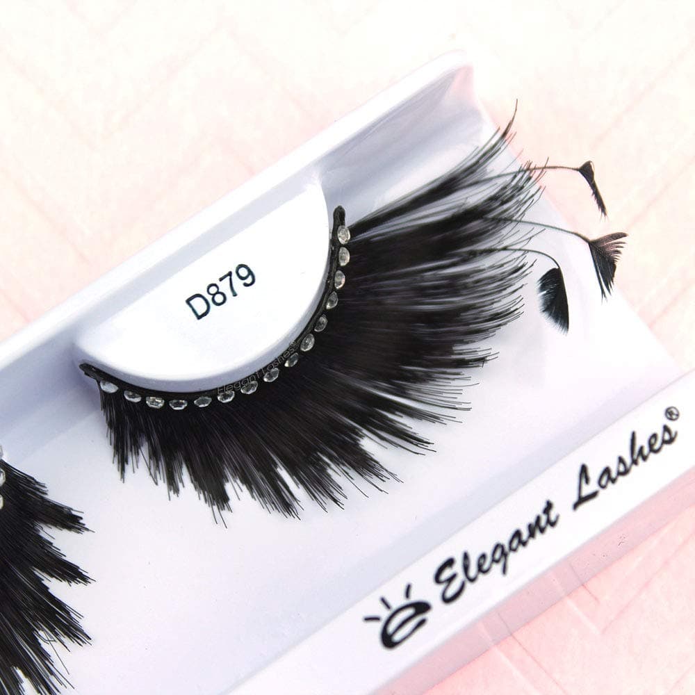 Elegant LashesD879 Premium Feather Eyelash (Long, Thick Black False Eyelash with Feather Accent Tips and Rhinestone Band) Halloween Dance Rave Costume
