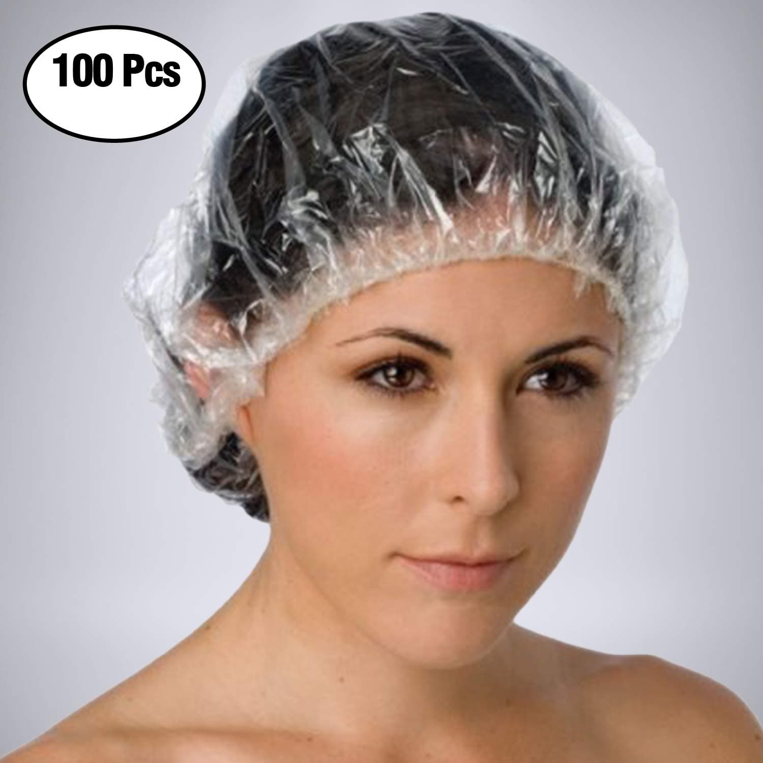 Disposable Shower Caps- 100Pcs Plastic Shower Caps- Universal Size- Elastic Bathing Caps for SPA, Salon, Home & Hotel Use- Transparent- Individually Packed