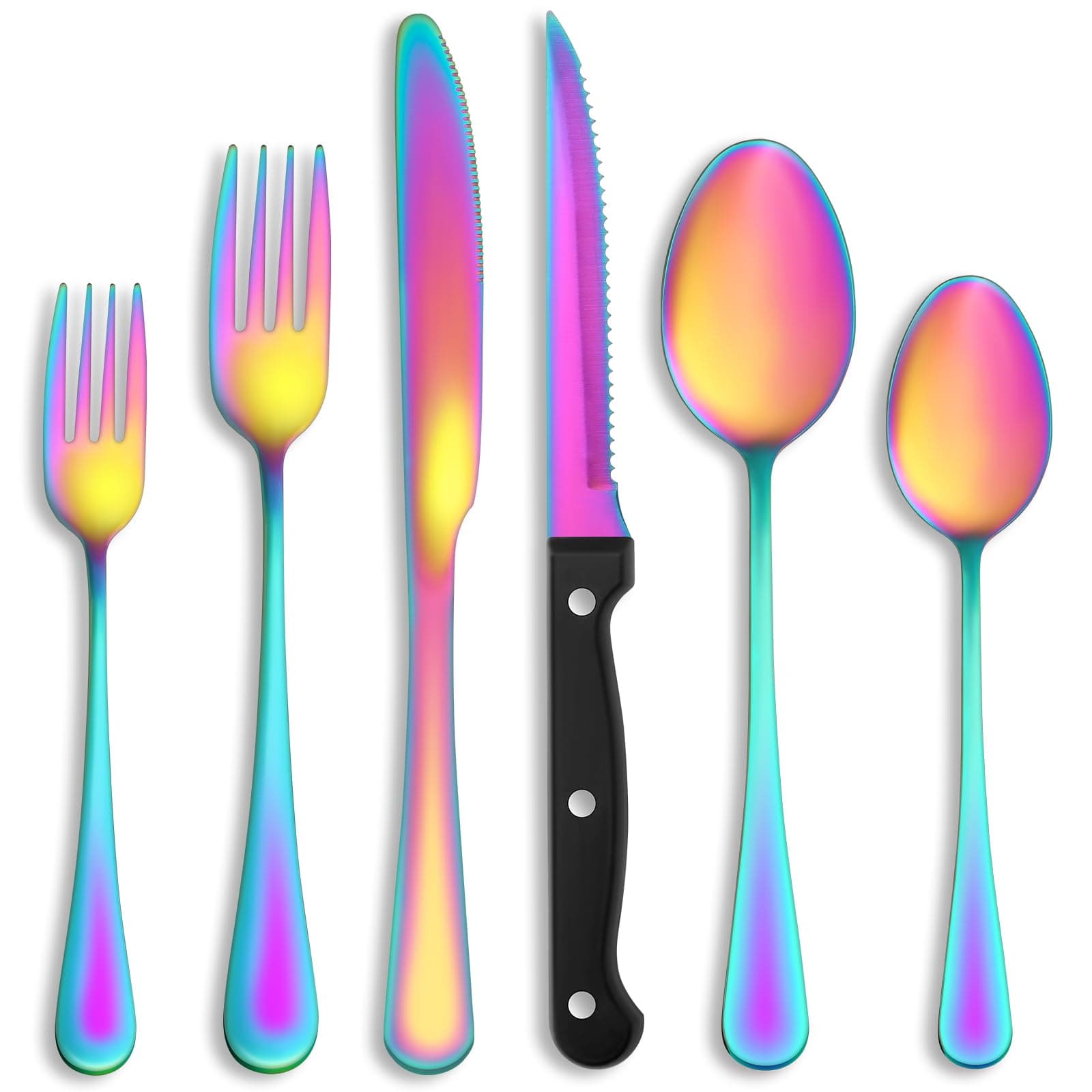 72 Pcs Rainbow Silverware Set with Steak Knives Service for 12,Stainless Steel Flatware Set,Mirror Polished Cutlery Utensil Set, Kitchen Eating Tableware,Include Fork Knife Spoon Set,Dishwasher Safe