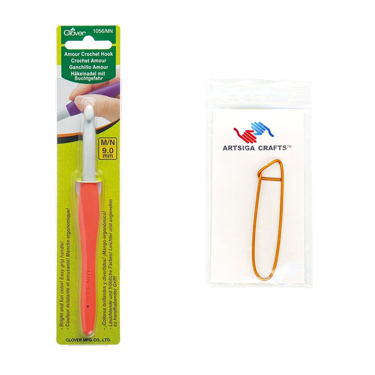 Clover Needlecraft Amour Crochet Hook Size M/N/9mm Bundle with 1 Artsiga Crafts Stitch Holder 1056/MN