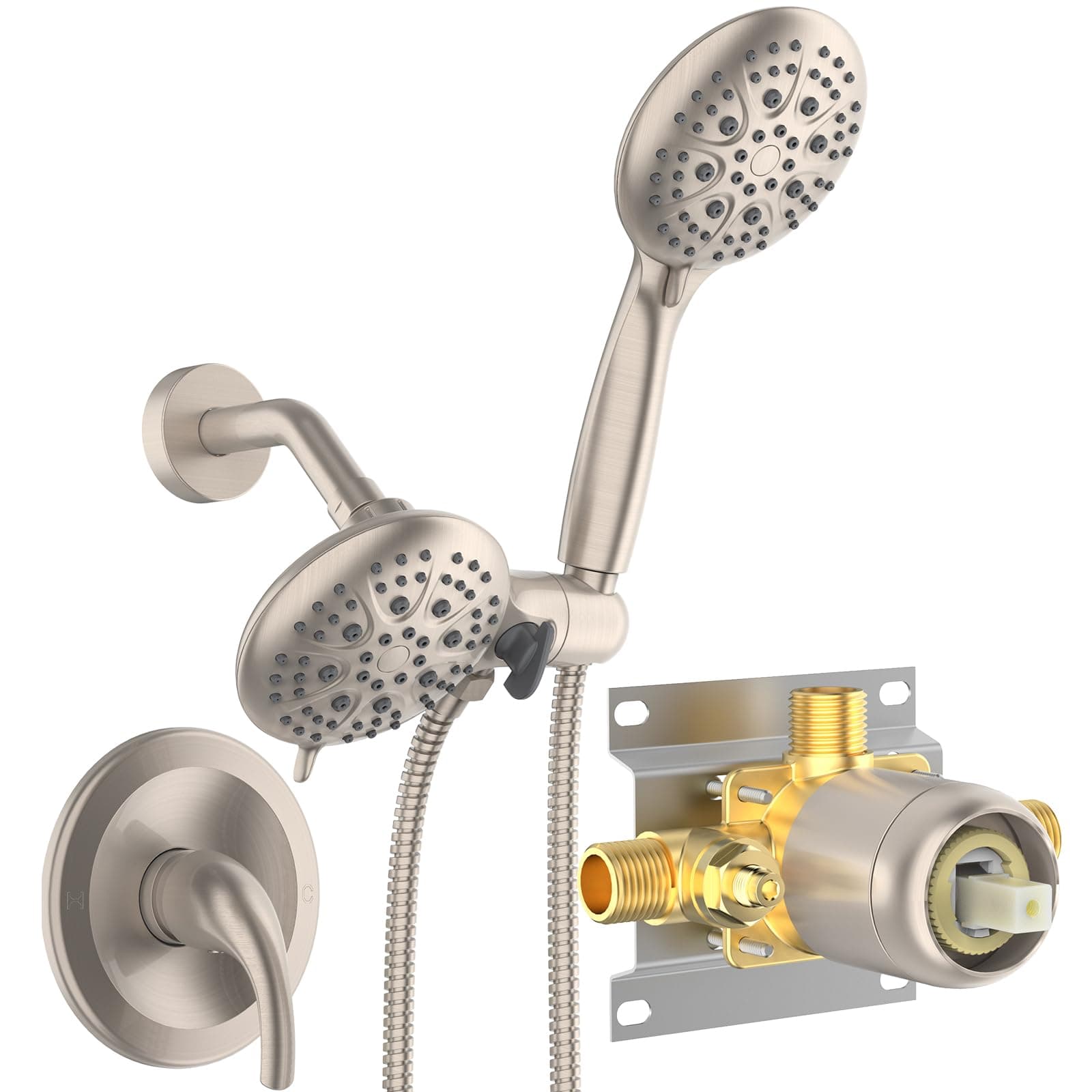 Shower System with Handheld Shower and Rain Shower Combo Set High Pressure 5-spray Dual 2 in 1 Shower Faucet Patented 3-way Diverter Brushed Nickel (Valve Include)