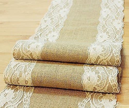 MEIHUA Natural Burlap Table Runner with Lace Wedding Decor Rustic Shabby Chic Hessian Jute Outdoor Party Between (Length: 94")