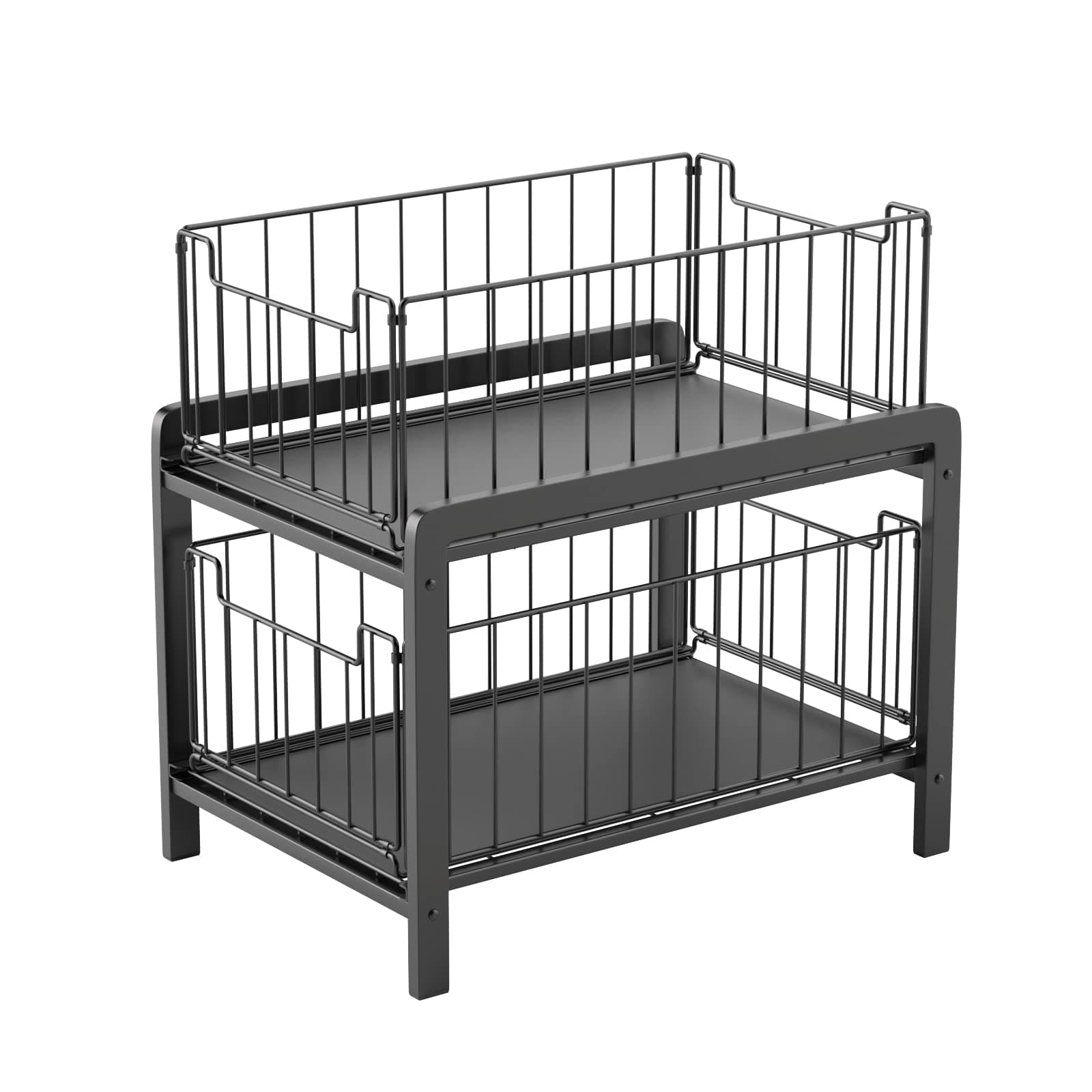 Under Sink Storage- 2 Tier Sliding Cabinet Basket Pull Out Organizer Drawer,Detachable Metal Sliding Storage Basket, Pull Out Drawers for Kitchen and Bathroom-Black