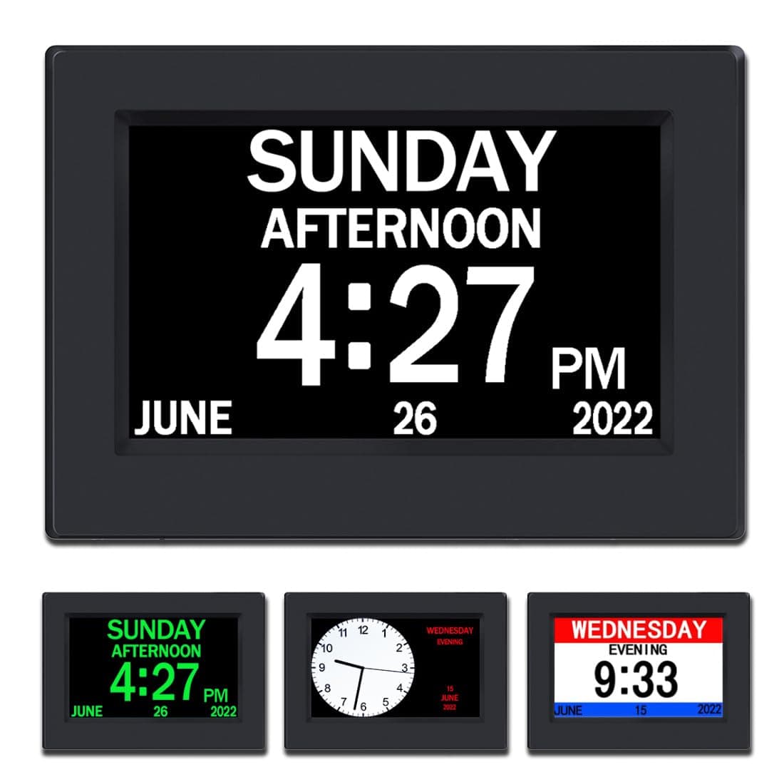 AINFTIME DST Clock with Day and Date for Elderly-3 Display Digital Calendar Alarm Day Dementia Alzheimers Clock with Extra Large Display (7in Black)