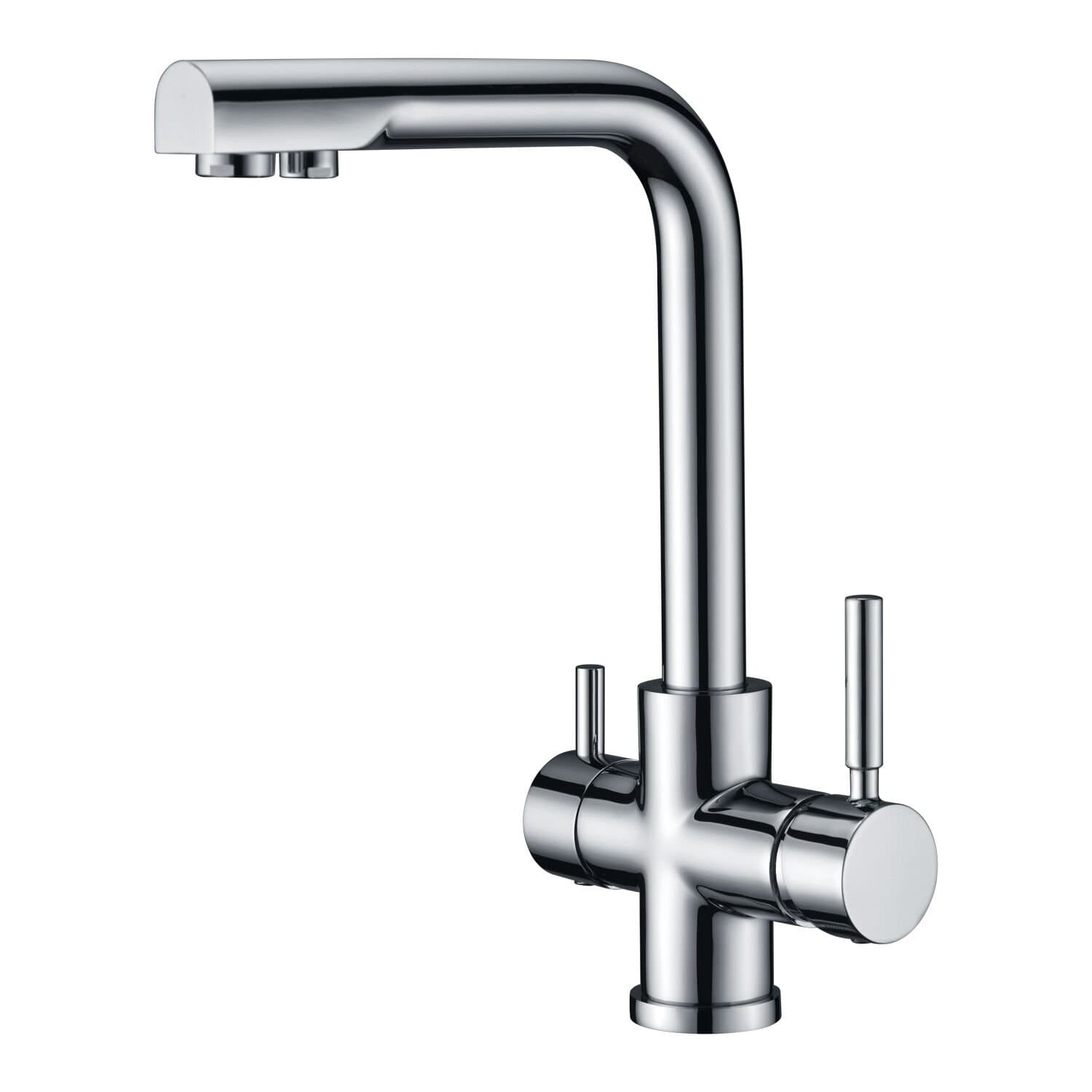 3 Way Water Filter Tap Kitchen Drinking Taps Sink Mixer Brass Swivel Spout with 2 Handles, Chrome