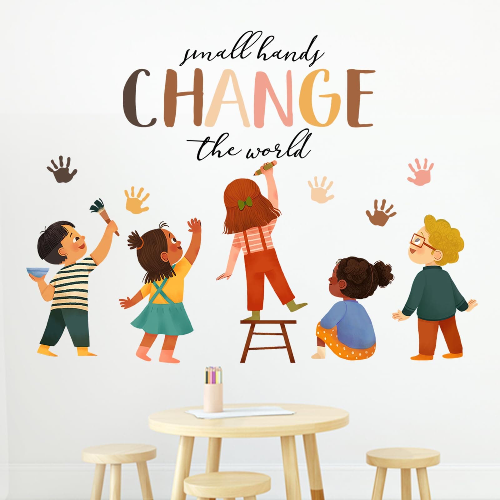Mfault Small Hands Change The World Equality Wall Decals Stickers, Inspirational Quote Diversity Handprint Nursery Classroom Decorations Kids Bedroom Art, Toddlers Room Preschool Daycare Library Decor